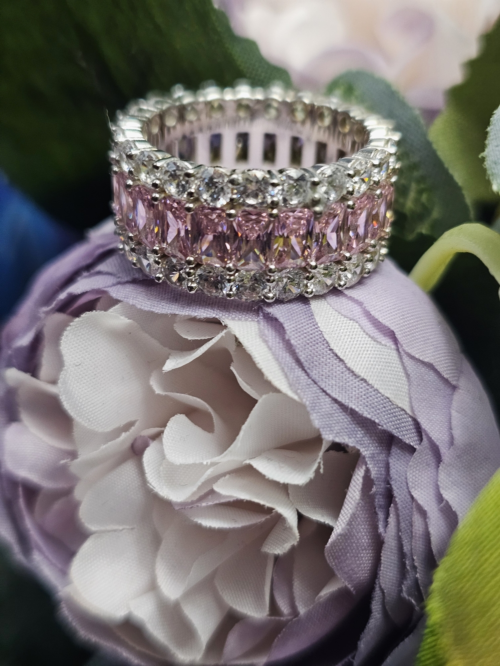 Pink Crystal Three-Row Eternity Band Ring NIB